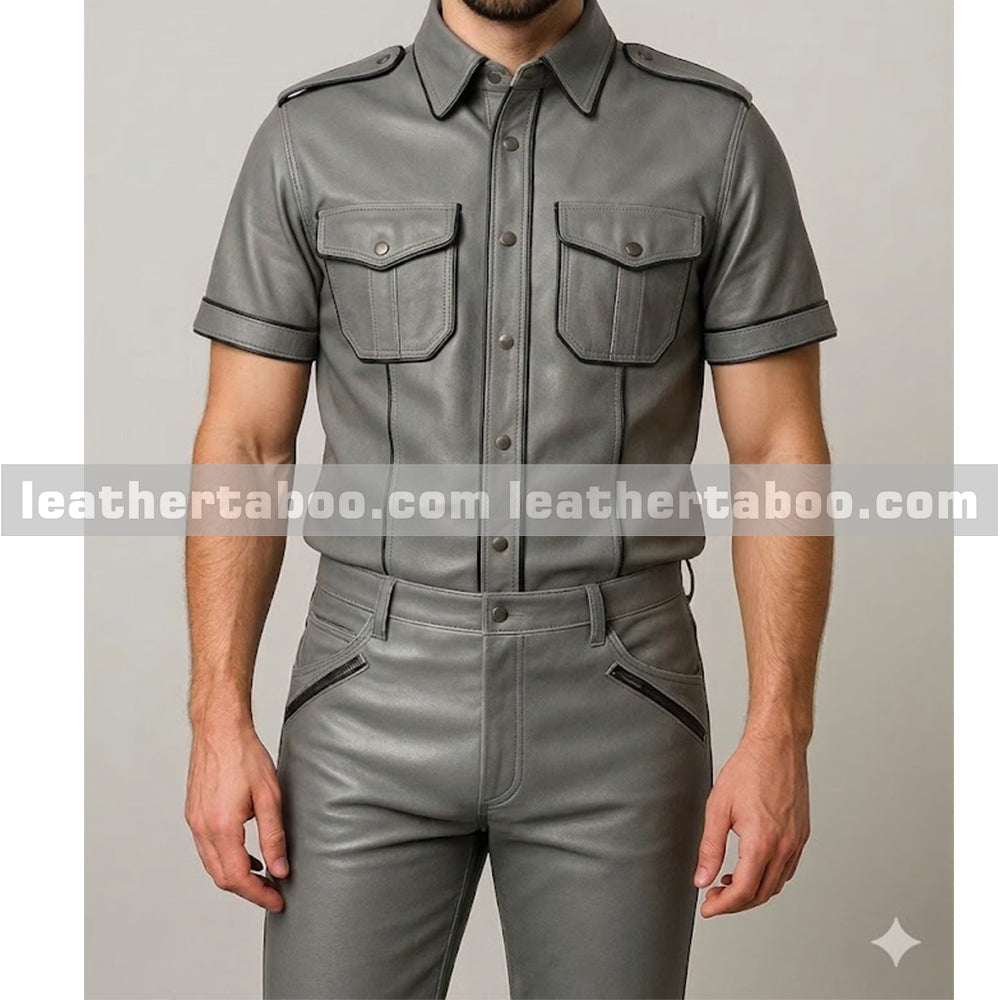 Full outfit view of men’s leather biker set with matching pants, designed for sleek and modern streetwear style