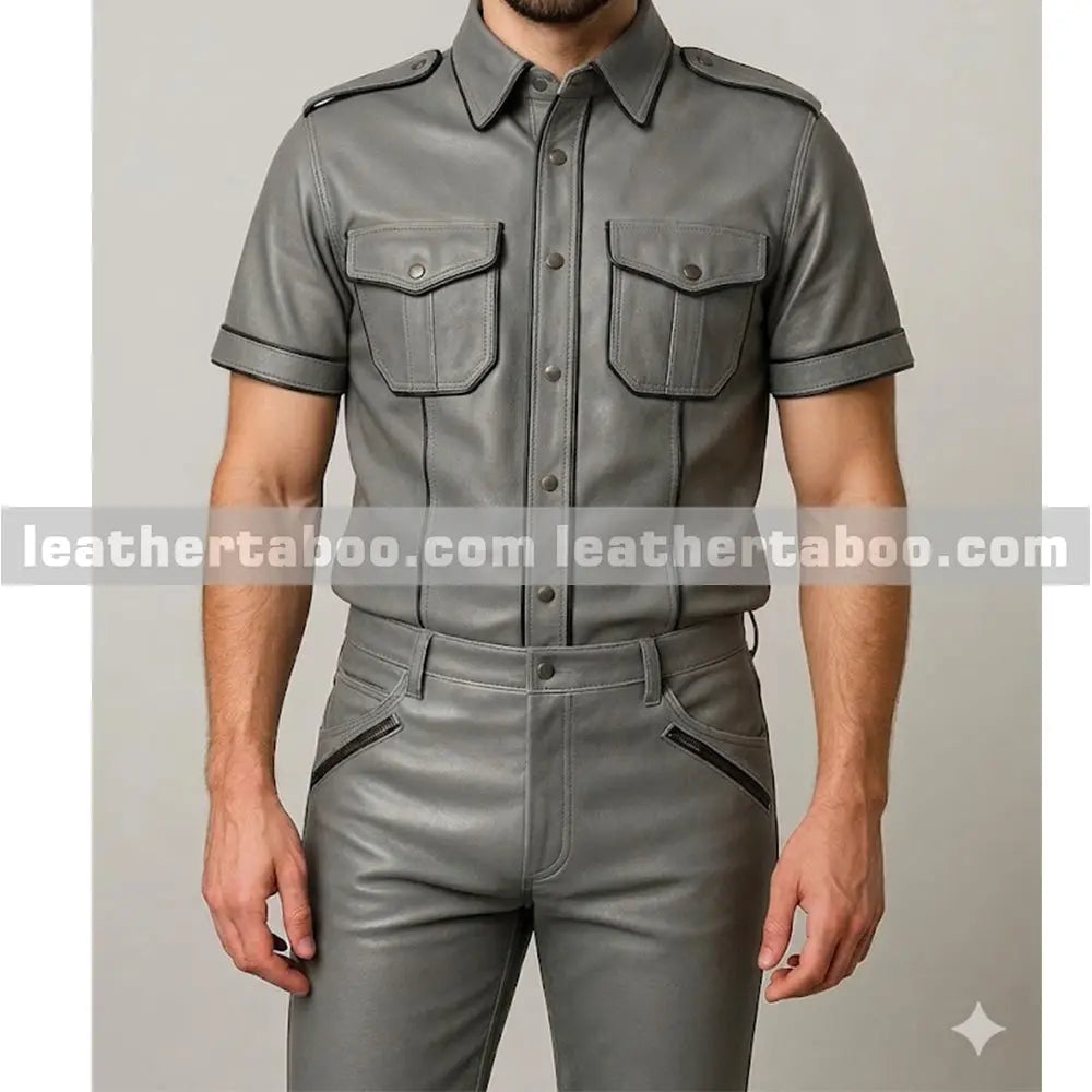 Full outfit view of menโs leather biker set with matching pants, designed for sleek and modern streetwear style