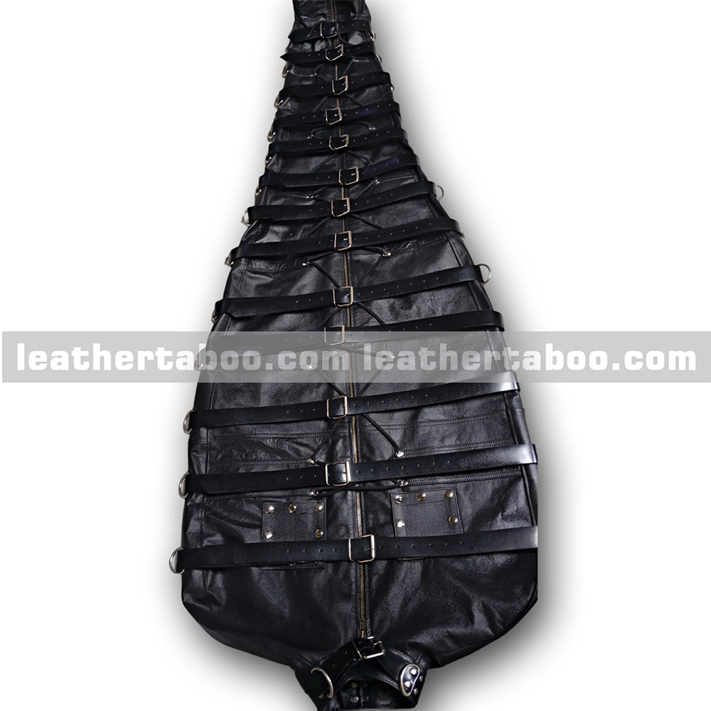 Premium leather restraint bag with adjustable straps and metal buckles showing strong construction and detailed craftsmanship