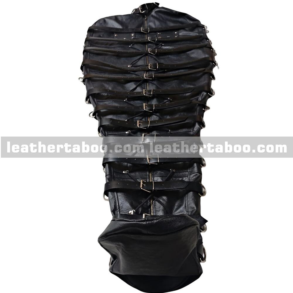 Heavy-duty leather restraint bag with secure buckle straps. Durable, adjustable, and handcrafted for strength, control, and long-lasting use