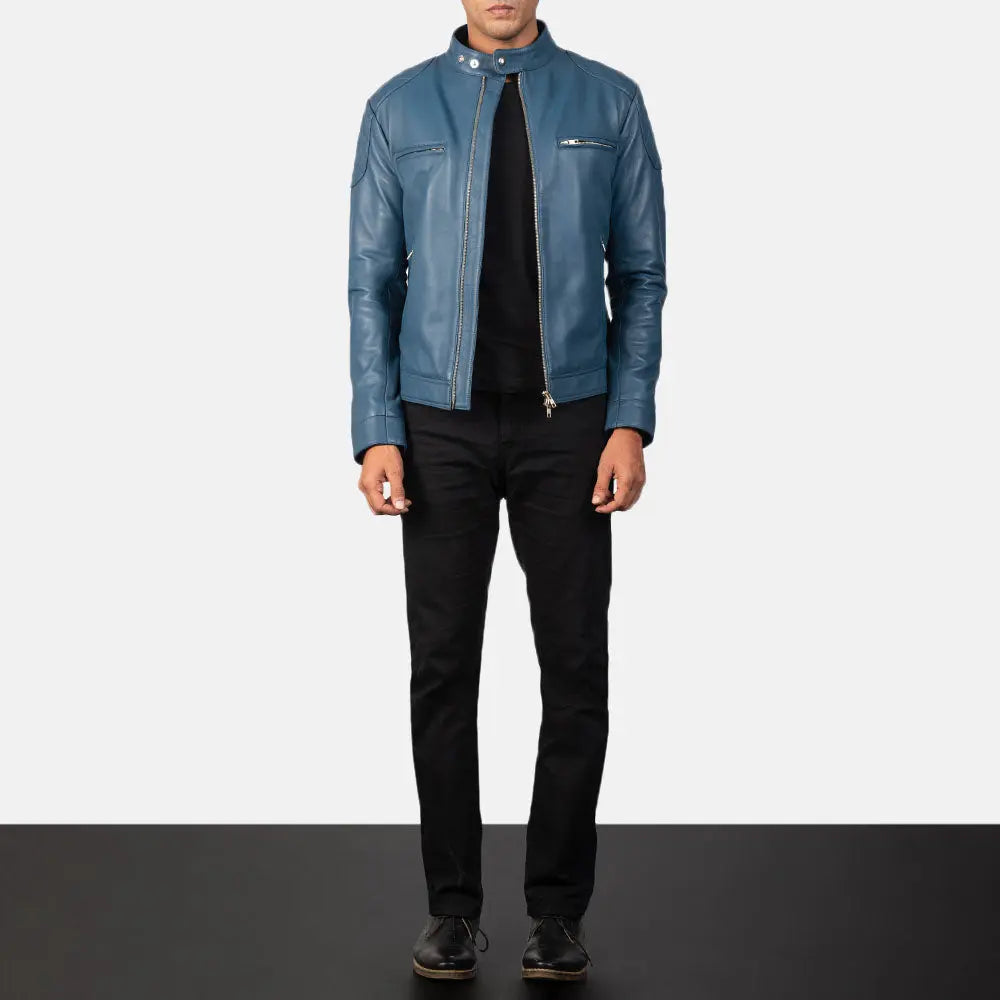 Gatsby blue leather biker jacket front modern style look