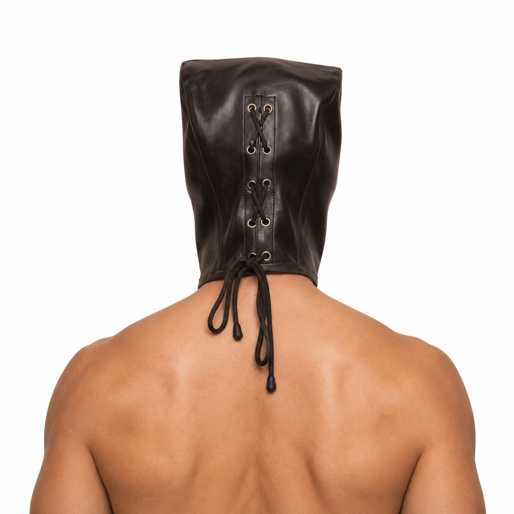 Rear view of a genuine leather hood showing black cord lacing through paired metal eyelets and tie ends extending below the neck edge.