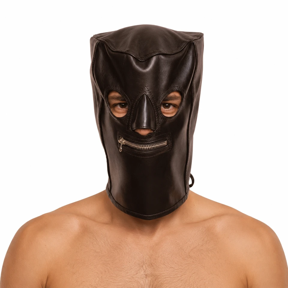 Front view of a dark genuine leather hood with open eye cutouts, a shaped nose section, horizontal metal mouth zipper and stitched edges.