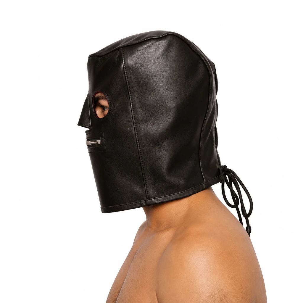 Side view of a dark genuine leather hood showing the open eye cutout, shaped nose, mouth zipper, broad side panel and rear lacing cords.
