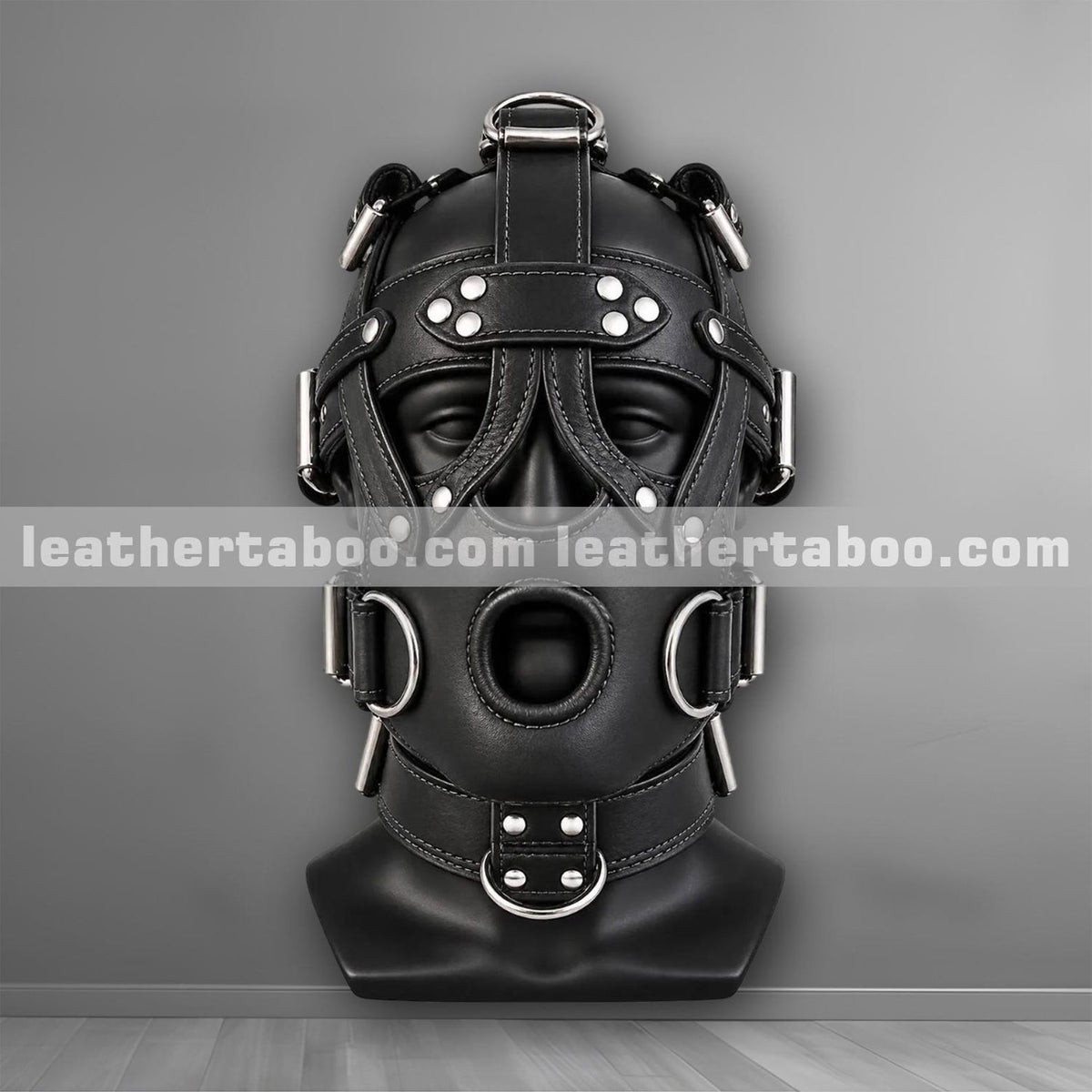 Back of genuine leather hood mask with crown D-ring, three adjustable buckle straps and eyelets