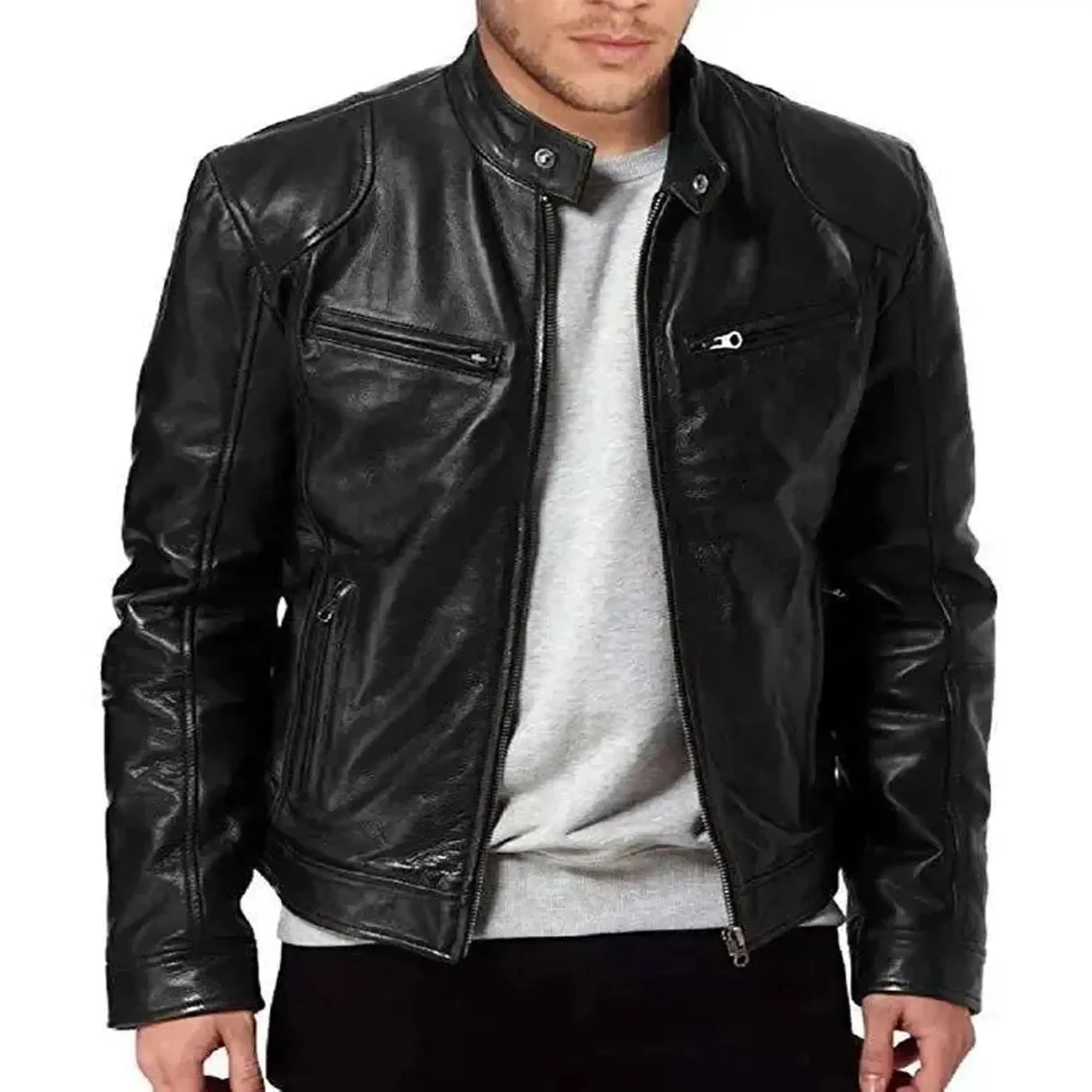 Genuine leather biker jacket slim fit zip detail close HD