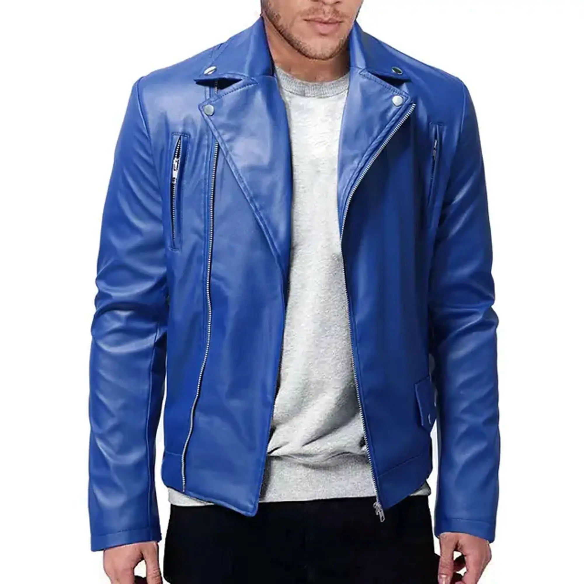 Genuine leather biker jacket turn down collar zip detail HD