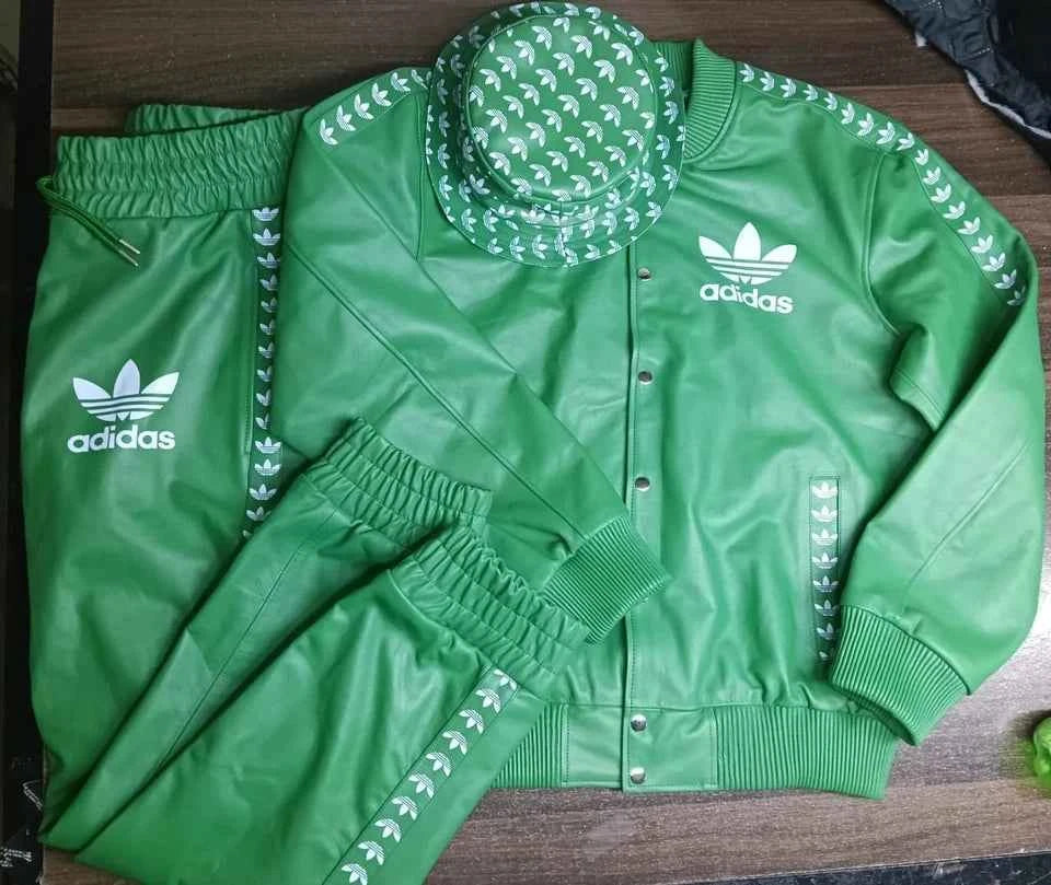 Vintage Green Leather Tracksuit Set Jacket Pants & Bucket Hat