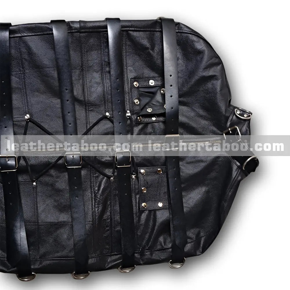Genuine leather handcrafted restraint bag detail