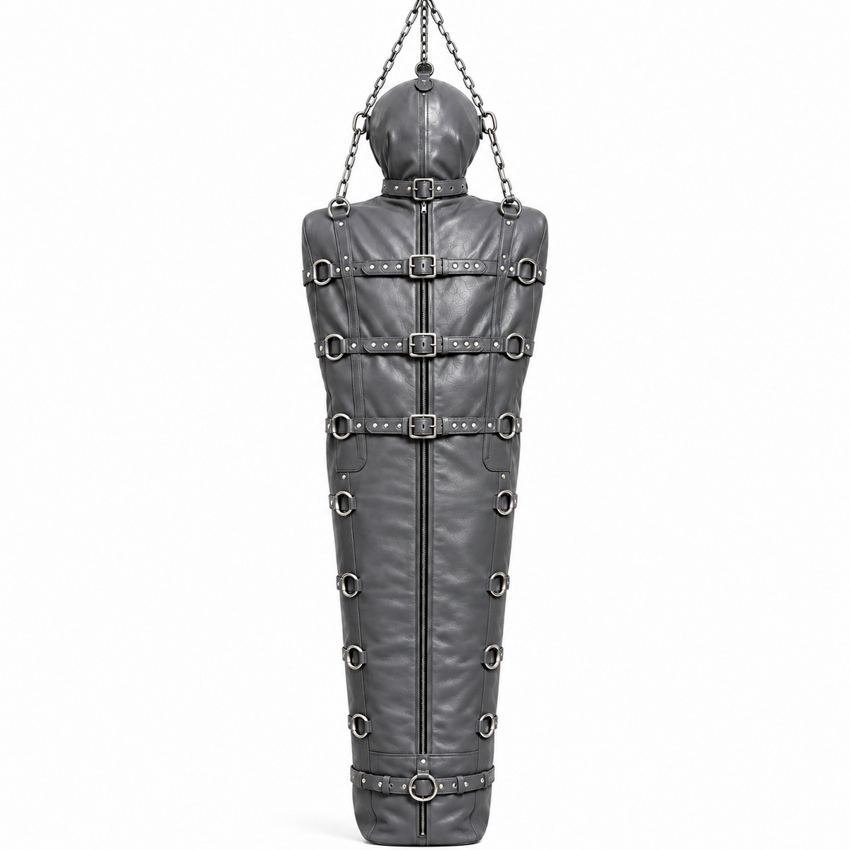 Gray leather cocoon body bag alternate view showing a long central zipper, upper buckle belts, side D-rings and enclosed foot section.