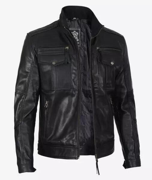 Men's Quilted Black Genuine Leather Jacket - Outdoor Soft Padded Sleeves & Shoulder