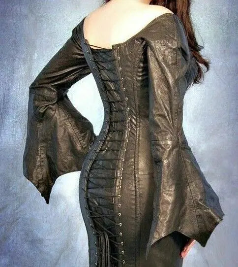 Handmade black leather corset dress slim fit women style