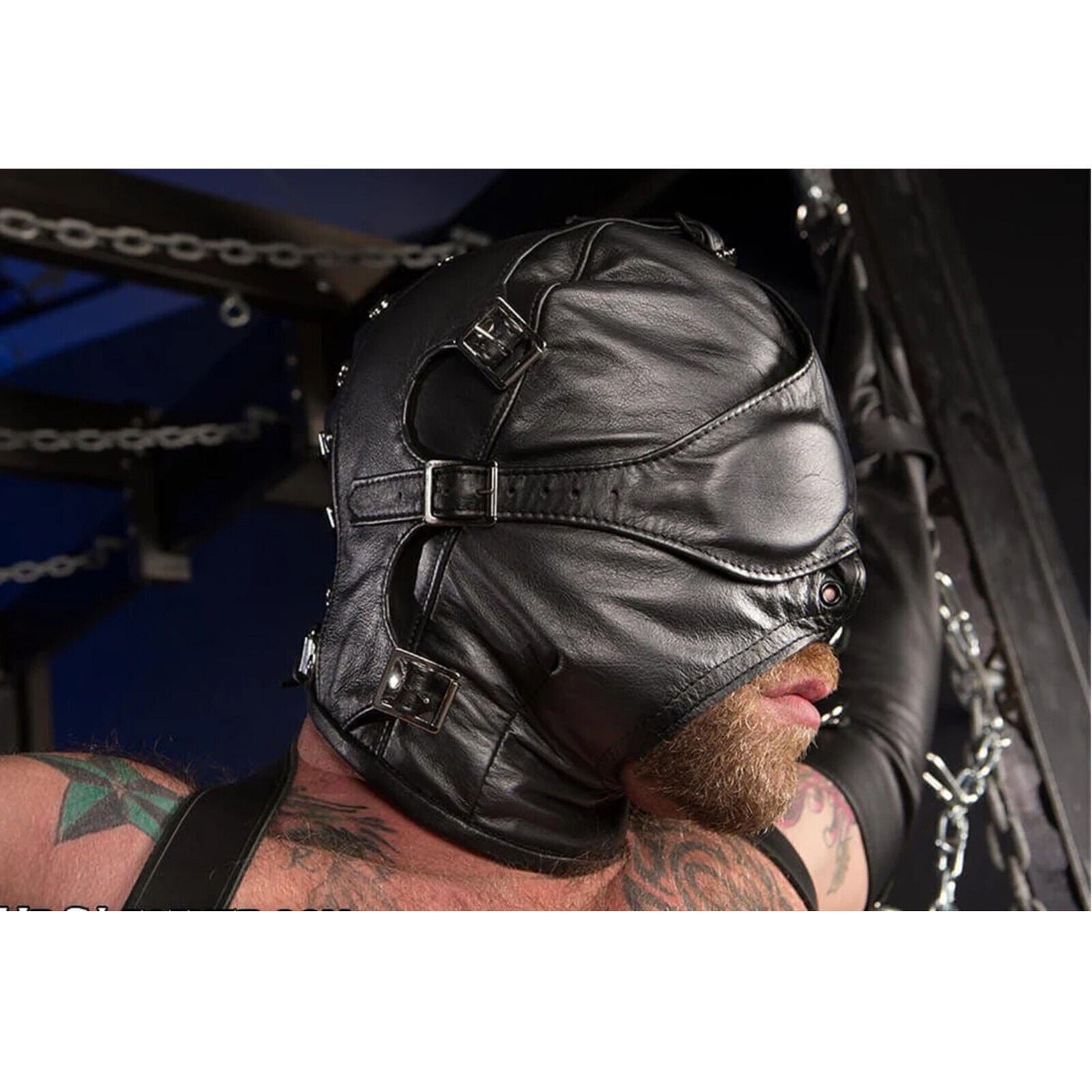 Handmade leather hood mask with adjustable head harness design