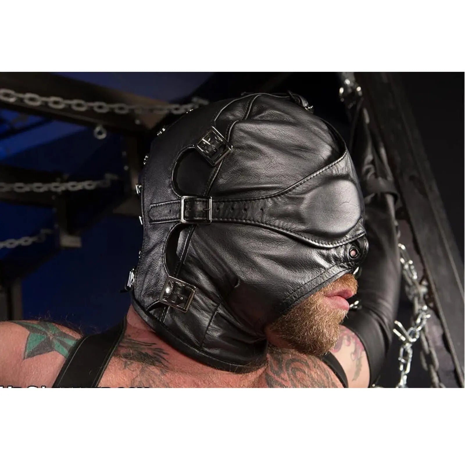 Handmade leather hood mask with adjustable head harness design