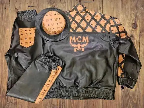 Vintage MCM Brown Black Leather Tracksuit Set with Bucket Hat