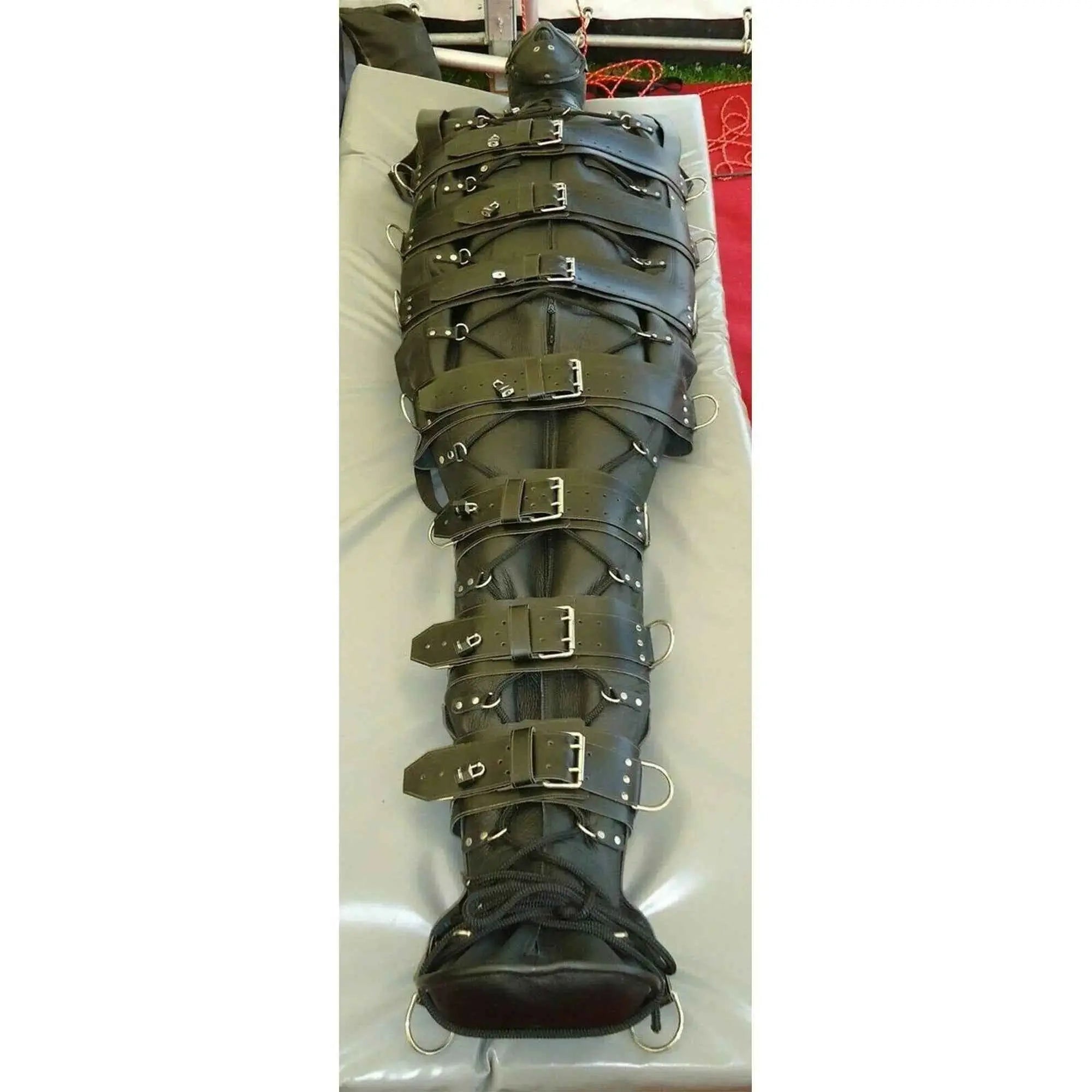Heavy-duty leather body sack by Leather Taboo detail