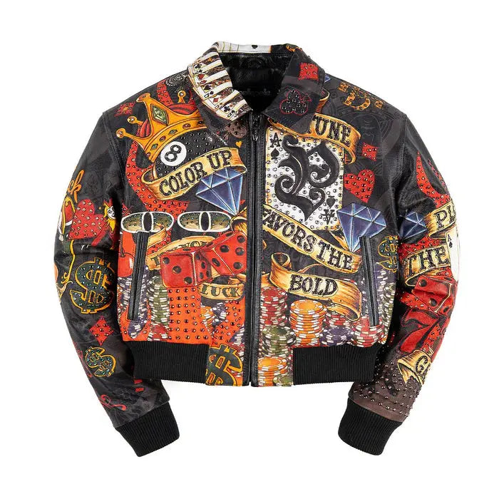 Back view of casino crop leather jacket with roulette wheel, cards, cash, and High Roller design