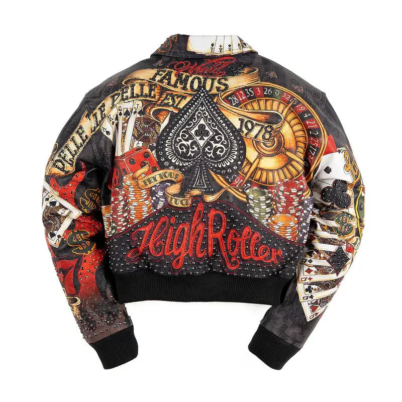 High Rollers crop leather jacket front view with poker cards, chips, dice, and casino artwork