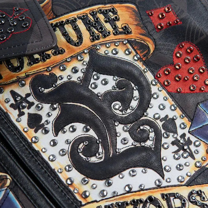 Black genuine leather crop bomber jacket with casino theme artwork and ribbed cuffs