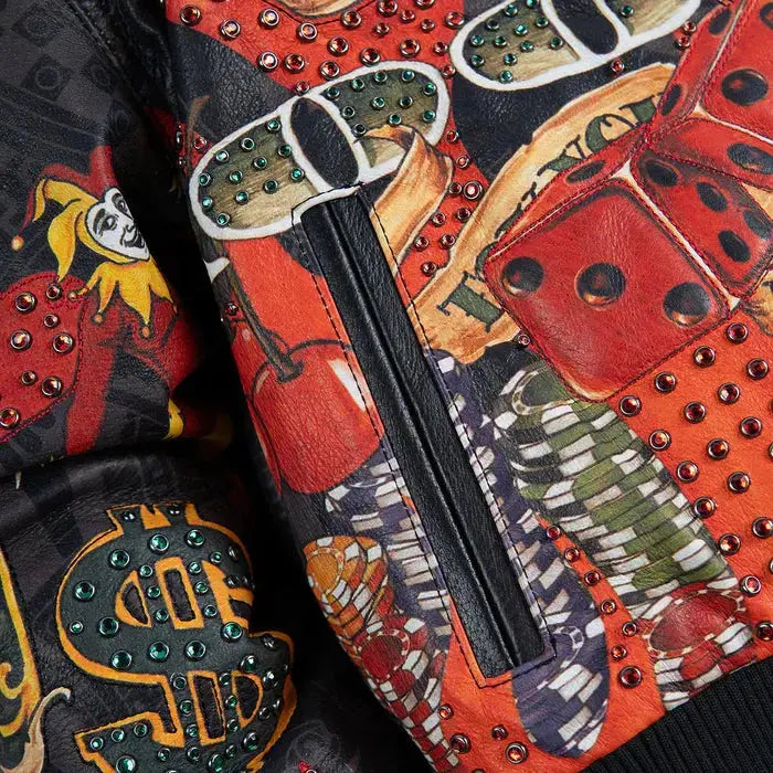 Custom High Rollers leather jacket with front zipper, colorful graphics, and premium streetwear style