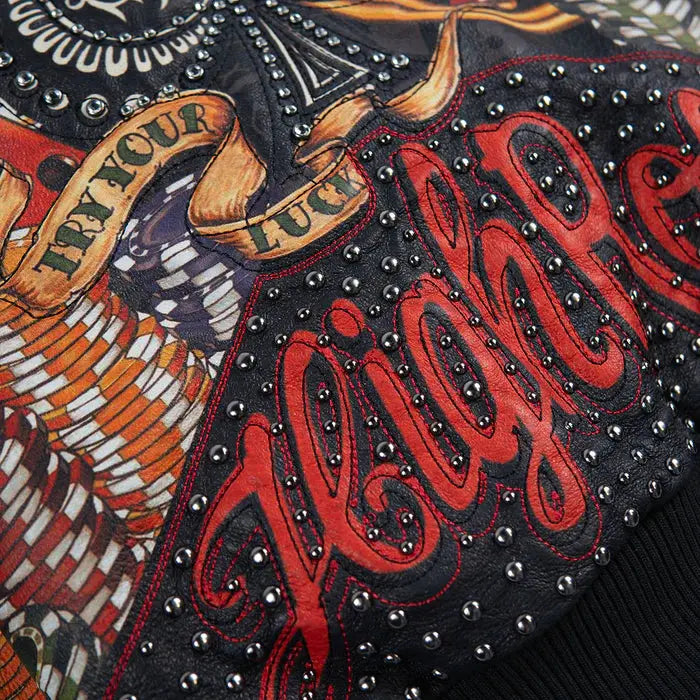 Custom High Rollers leather jacket with front zipper, colorful graphics, and premium streetwear style