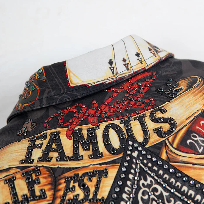 Shop a High Rollers crop leather jacket with casino artwork, genuine leather, ribbed bomber details, and custom sizing for USA buyers