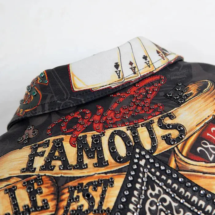 Shop a High Rollers crop leather jacket with casino artwork, genuine leather, ribbed bomber details, and custom sizing for USA buyers