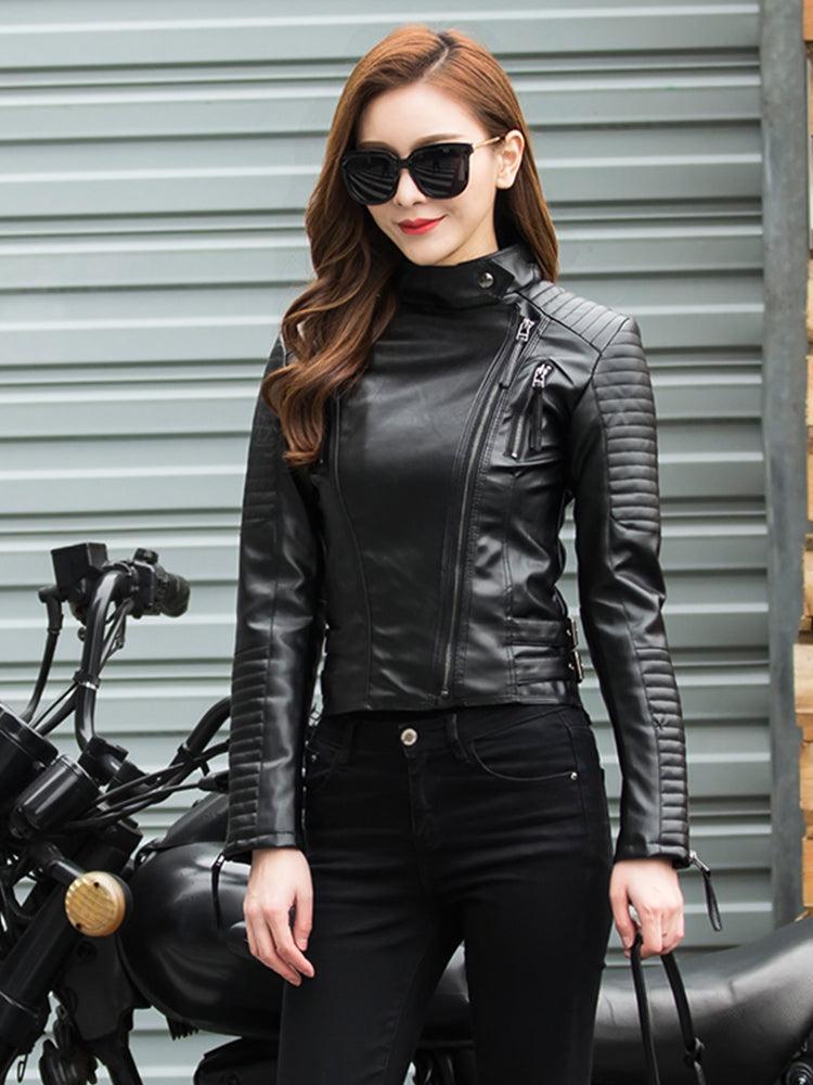 Women’s Real Leather Gothic Motorcycle Jacket (Black Punk Lapel Collar Style)