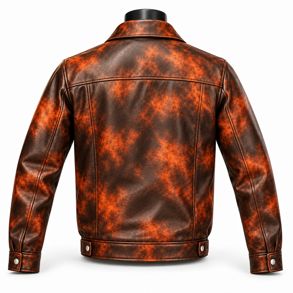 Back view of Inferno men's orange and brown distressed leather jacket showing the shoulder yoke, vertical panel seams and snap hem tabs.