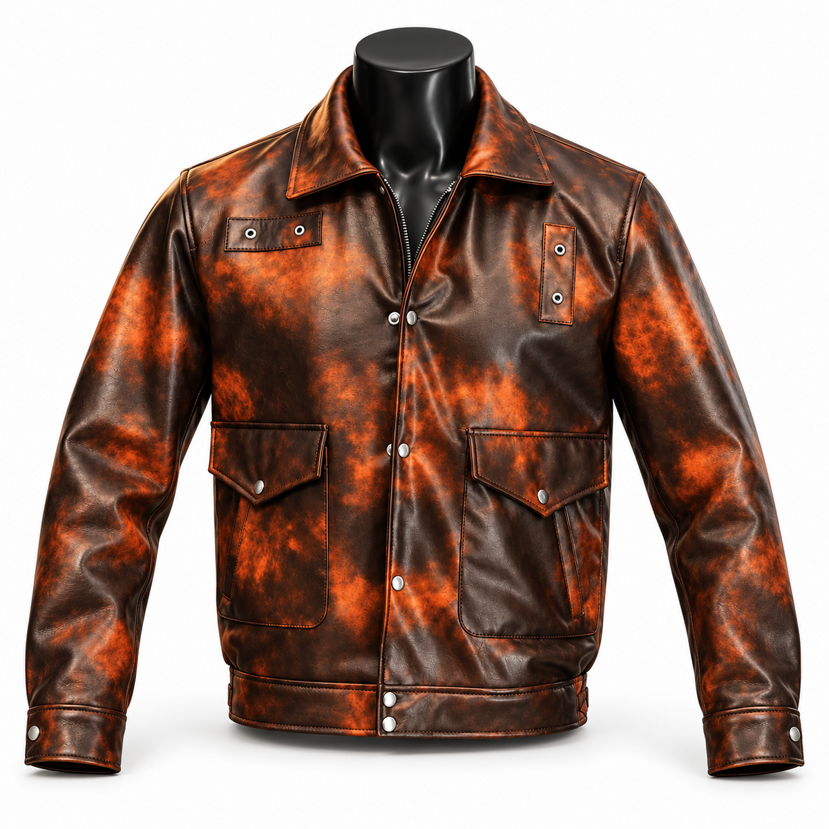 Front view of Inferno men's distressed leather jacket in burnt orange and brown with a pointed collar, flap pockets and metal snaps.