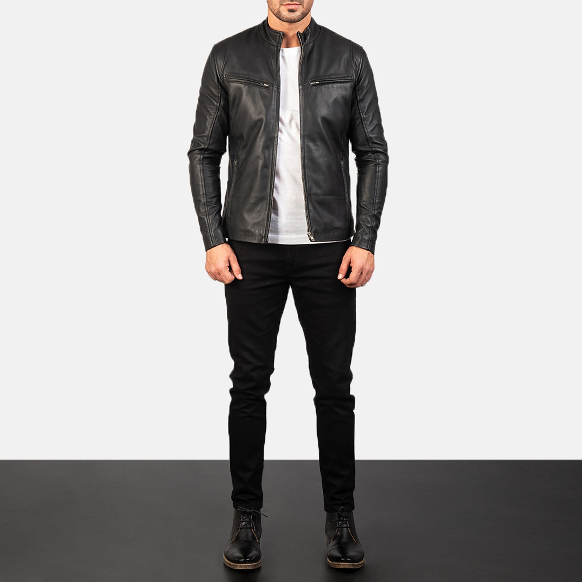 Ionic black leather jacket front view