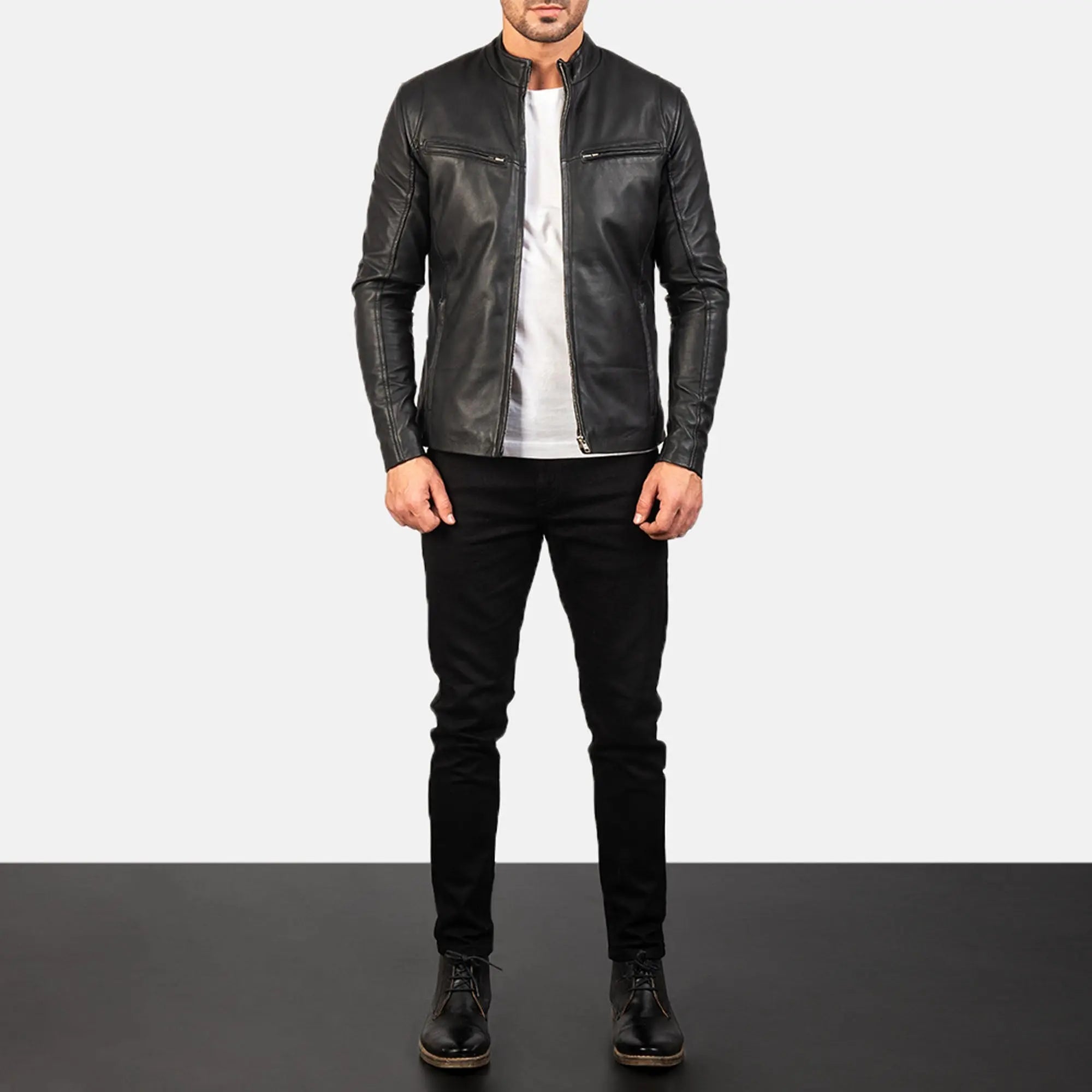 Ionic black leather jacket front view