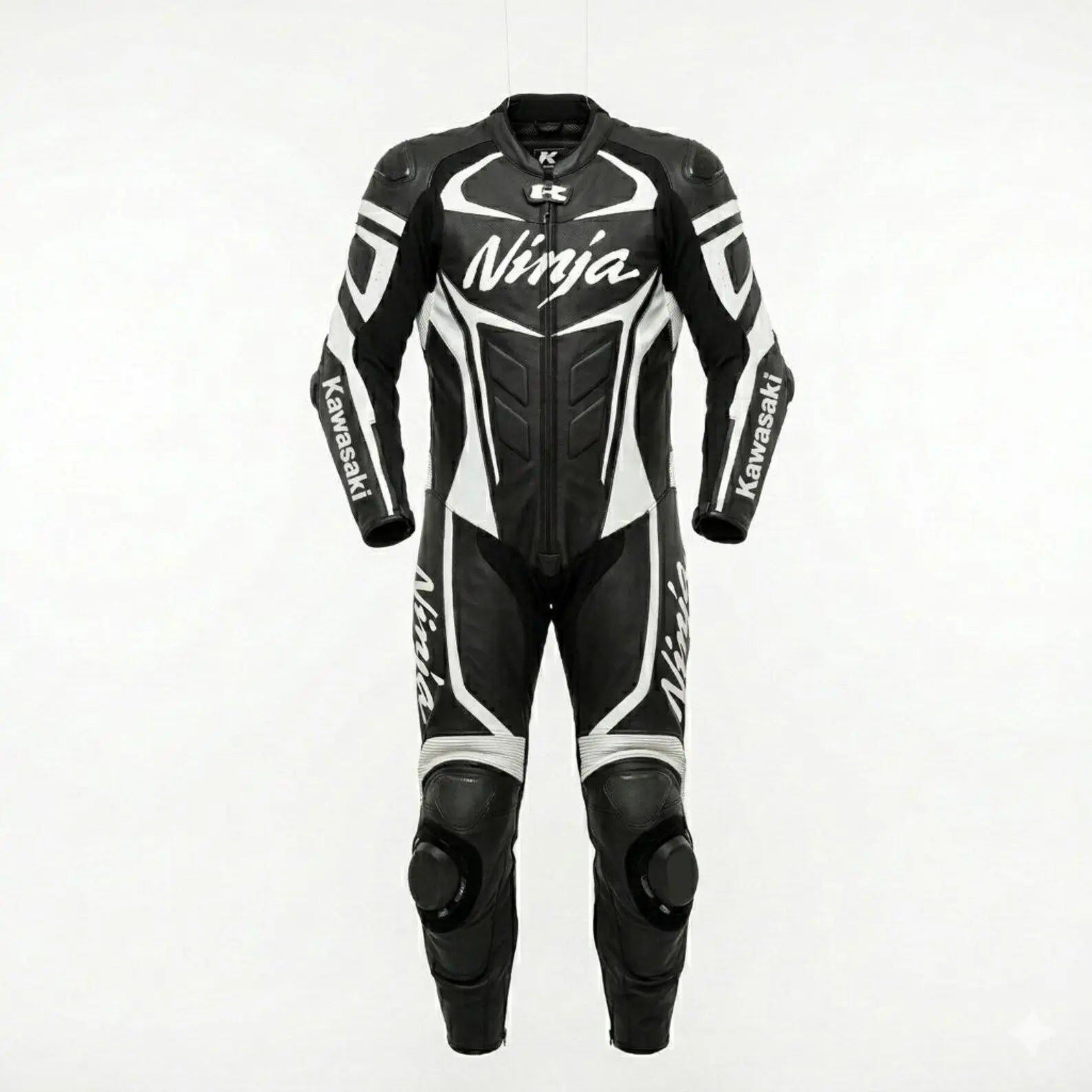 Kawasaki Ninja black leather racing suit for men with premium motorcycle protection and genuine leather design.