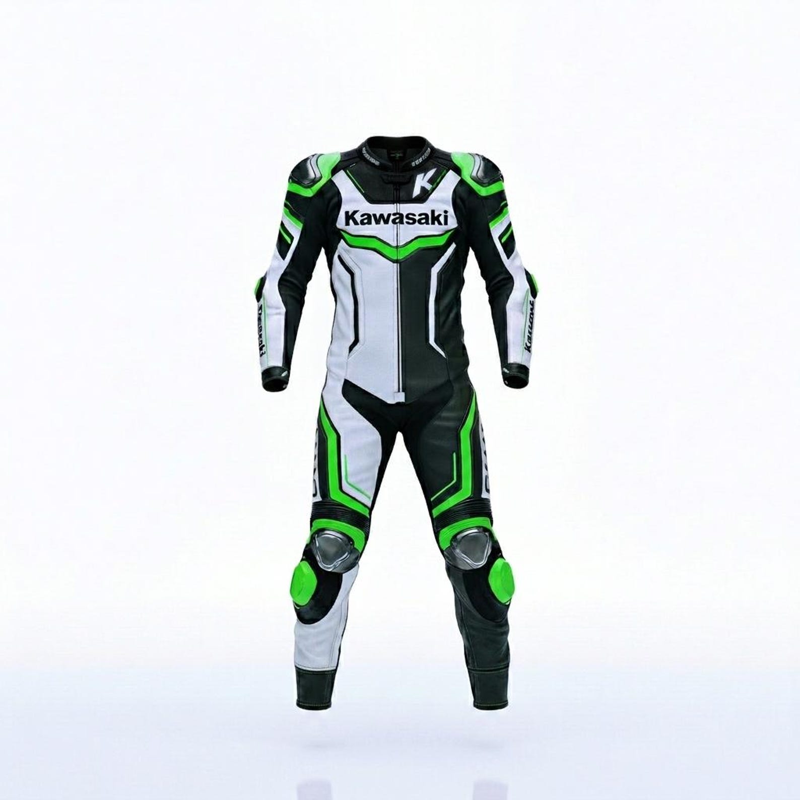 Kawasaki Ninja one piece racing suit in black green and white genuine leather with professional biker protection