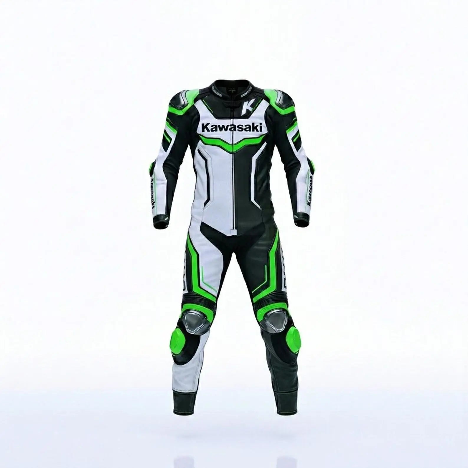 Kawasaki Ninja one piece racing suit in black green and white genuine leather with professional biker protection