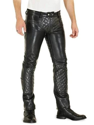 Menโs Real Leather Quilted Biker Pants (Black Motorcycle Style Trousers)