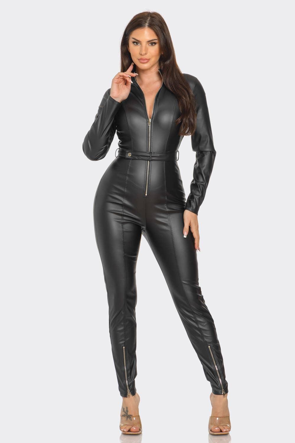 Women’s Black Leather Jumpsuit Romper (Catsuit Bodysuit – Zipper Playsuit)