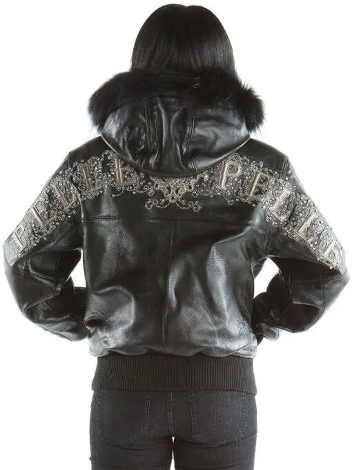 Womenโs Pelle Pelle Embellished Designer Black Cowhide Leather Jacket with Fur Collar leathertaboo.com