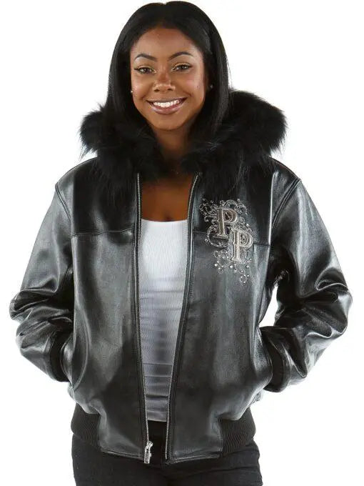 Womenโs Pelle Pelle Embellished Designer Black Cowhide Leather Jacket with Fur Collar