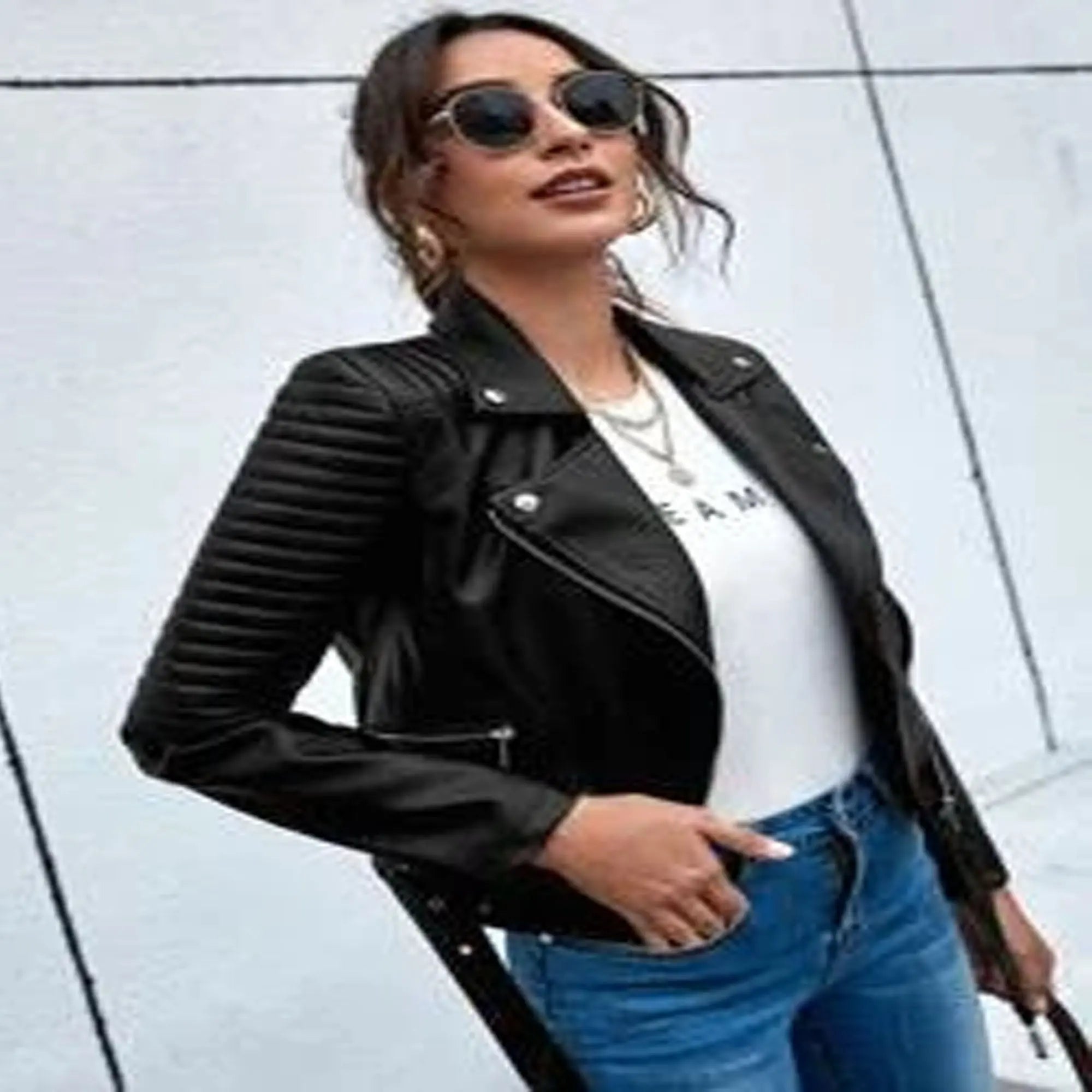 Lapel collar belted moto leather jacket front view HD
