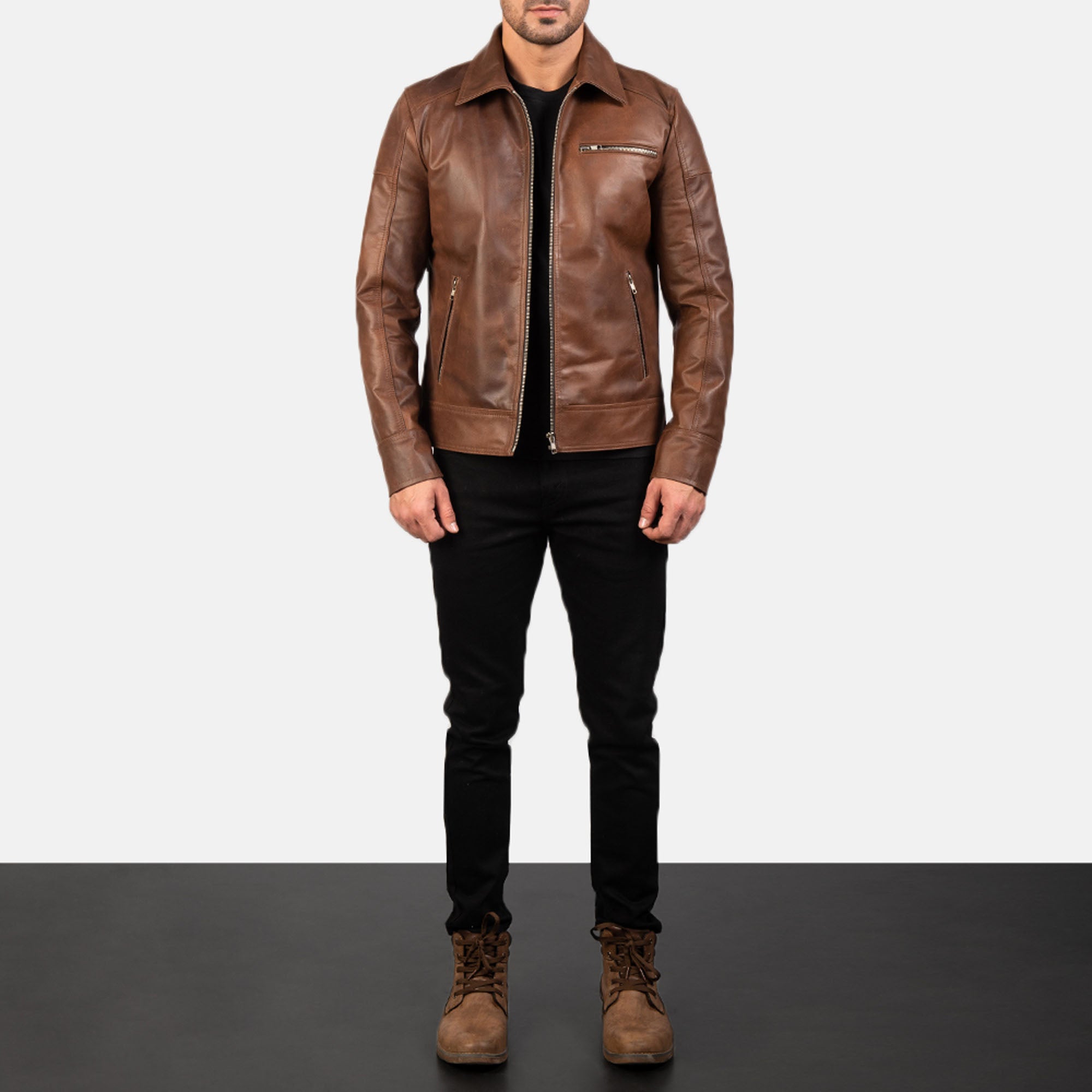Lavendard brown leather biker jacket front view