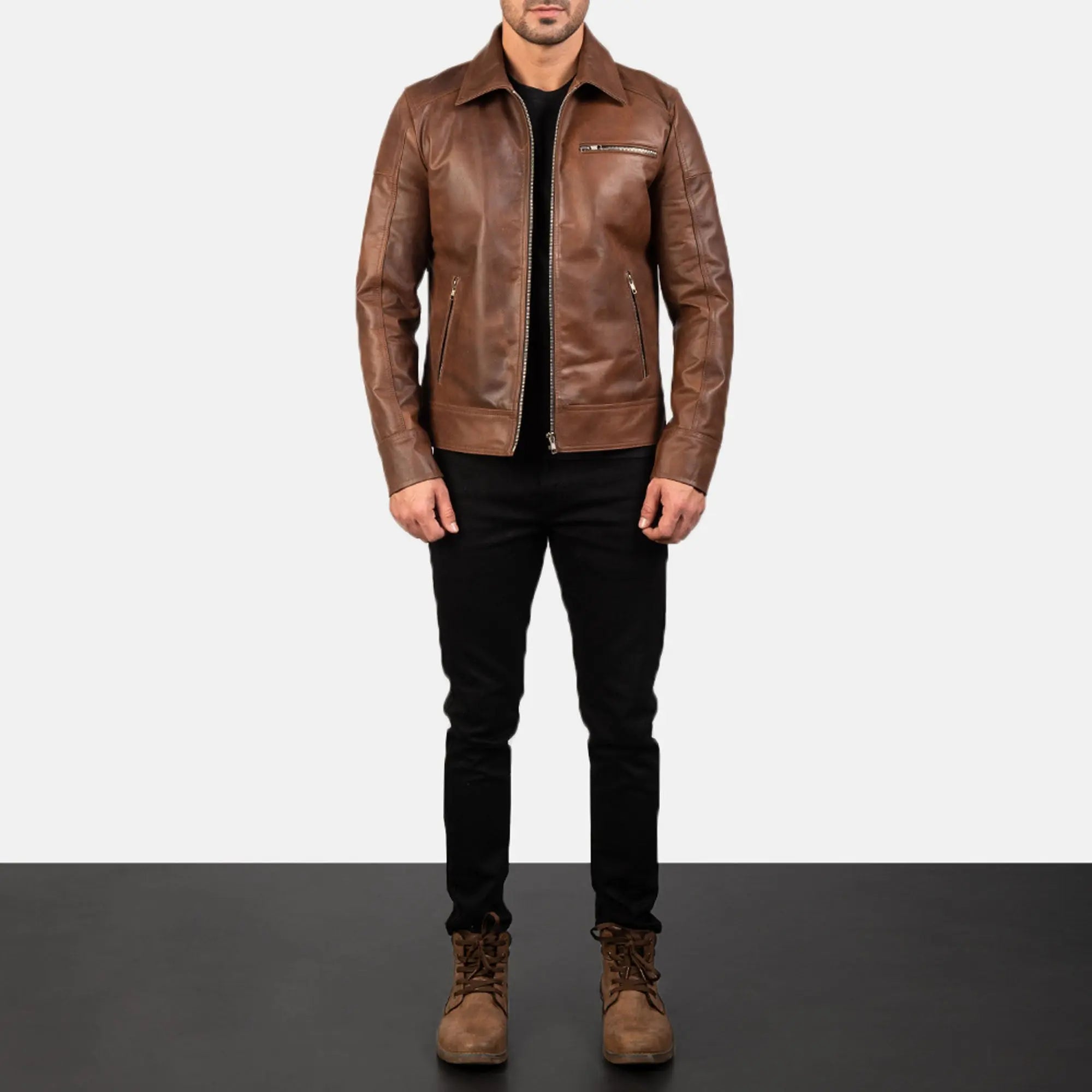 Lavendard brown leather biker jacket front view