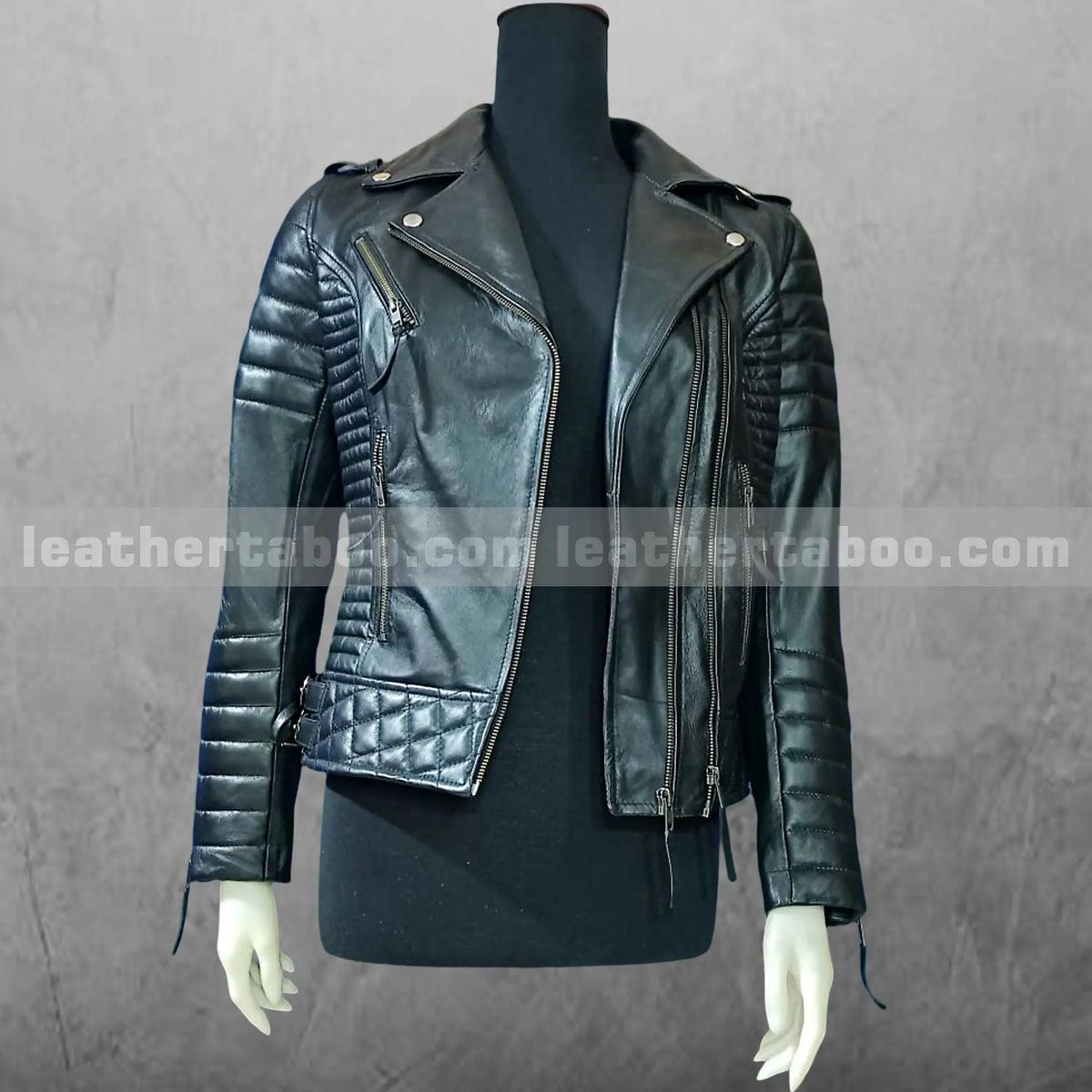 Women's Black Leather Biker Jacket Handmade Moto Style with Quilted Design Slim Fit Real Leather Coat, side view