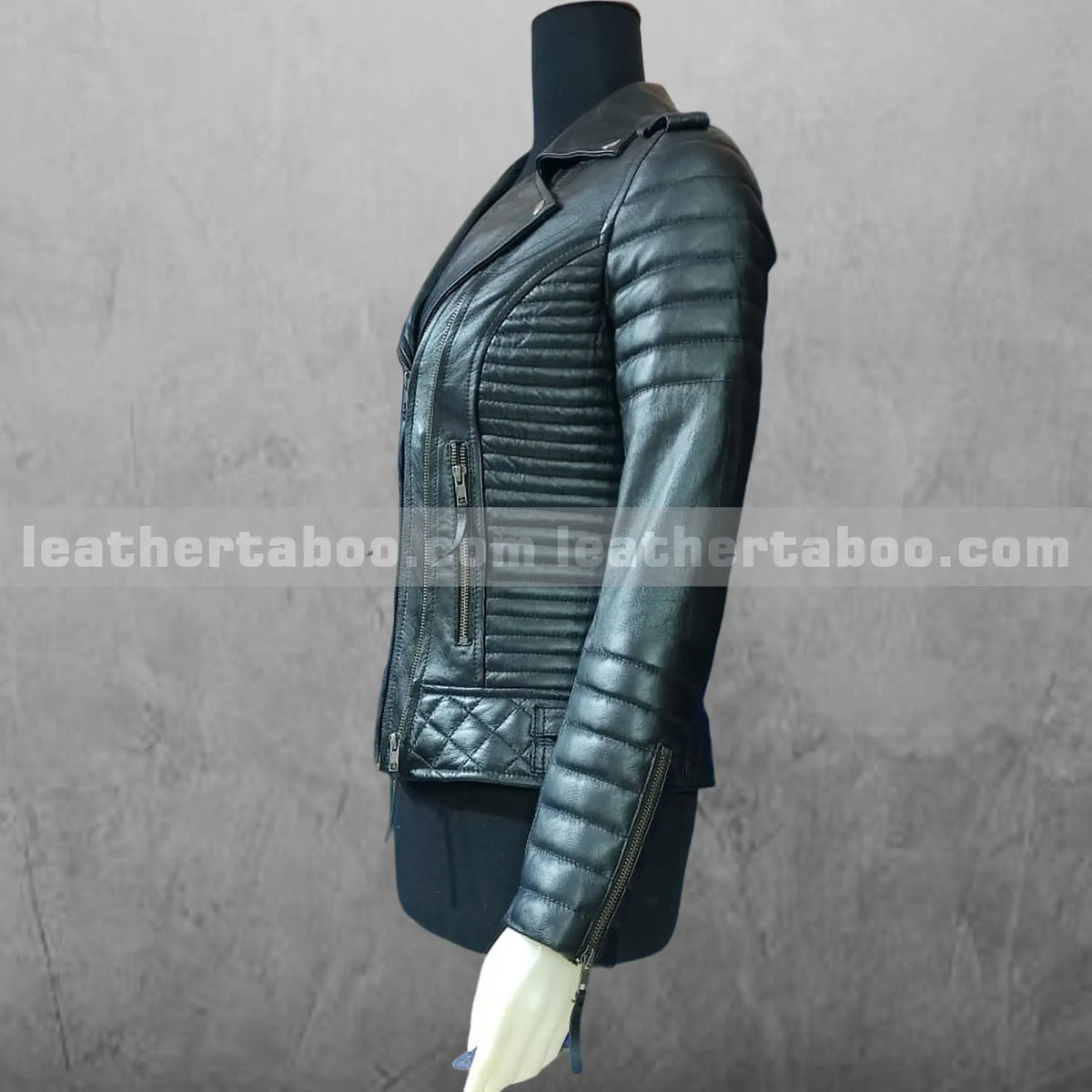 Women's Black Leather Biker Jacket Handmade Moto Style with Quilted Design Slim Fit Real Leather Coat, detail view 2