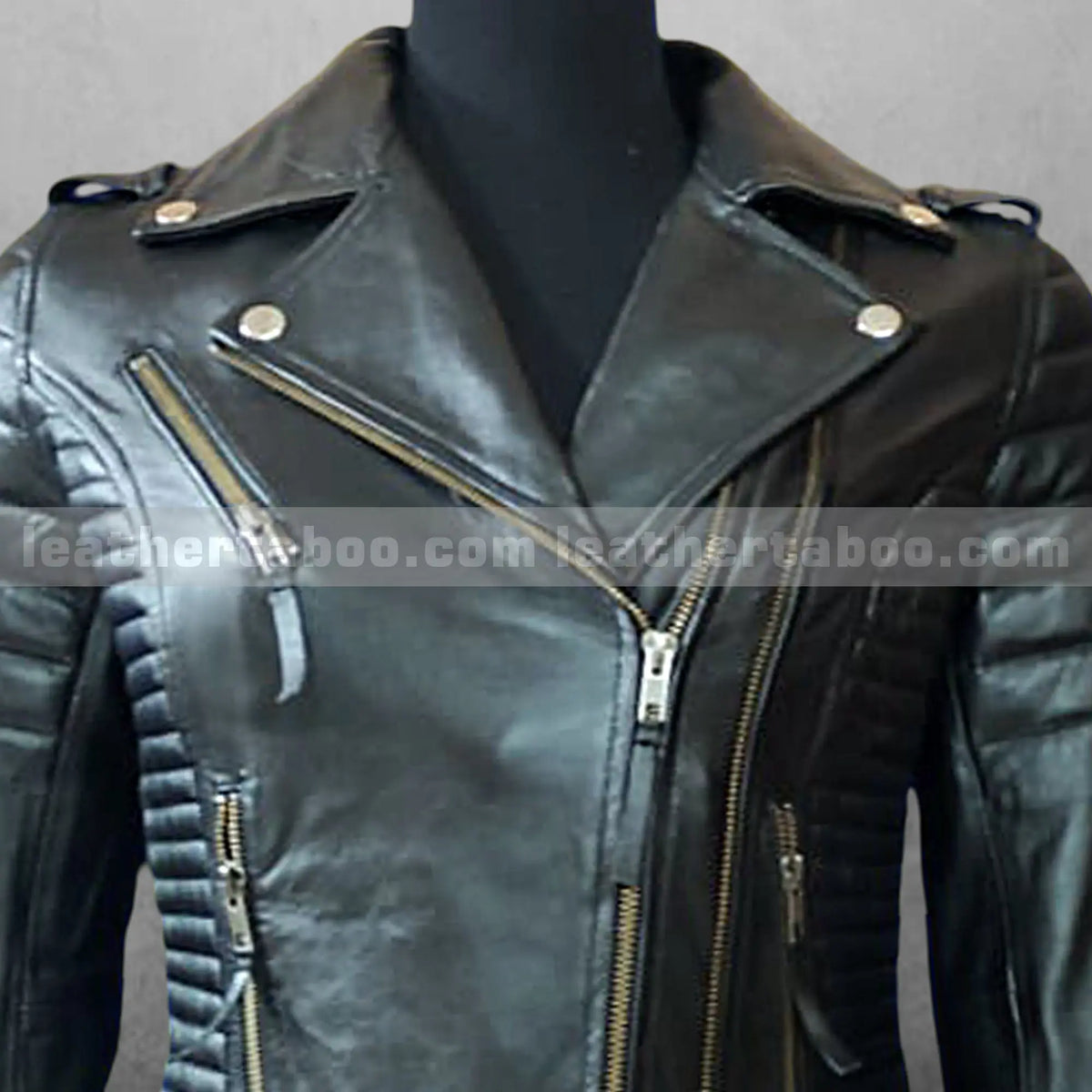 Women's Black Leather Biker Jacket Handmade Moto Style with Quilted Design Slim Fit Real Leather Coat, detail view 3