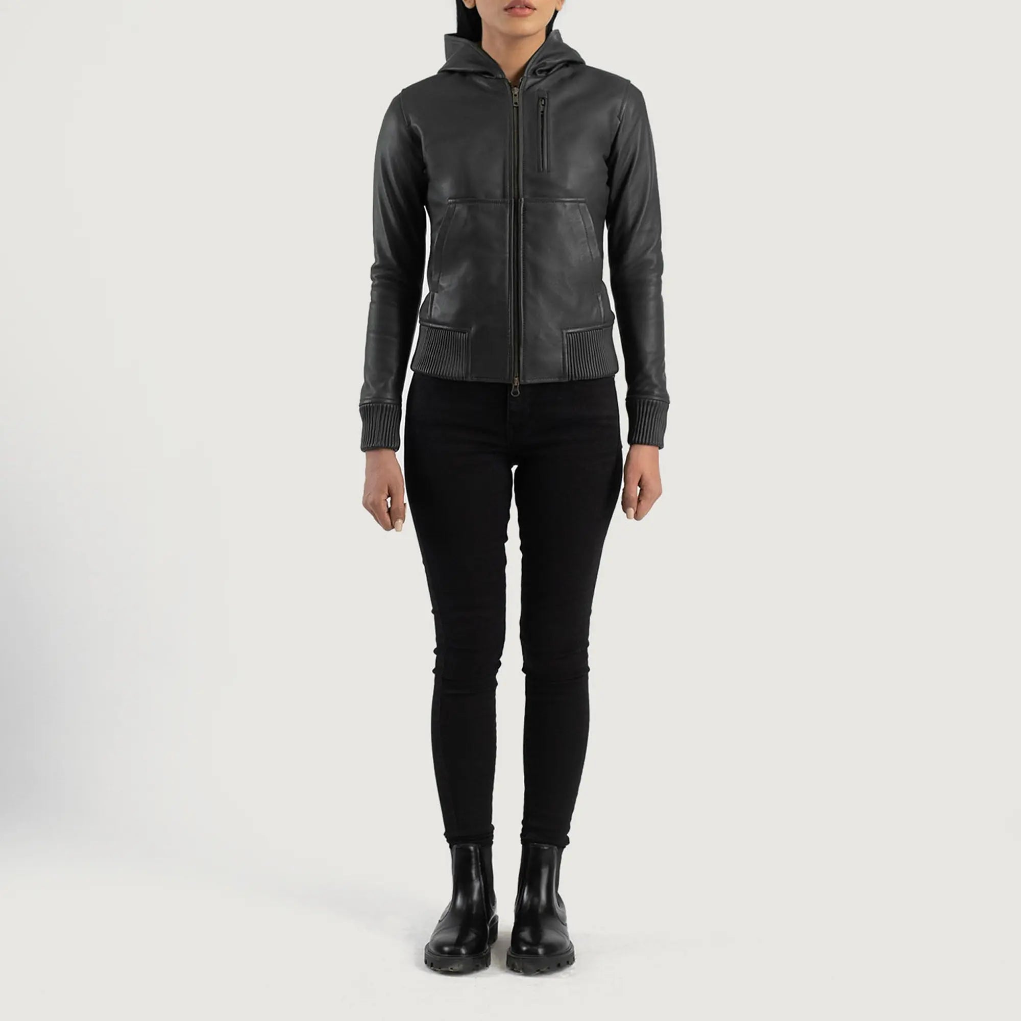 Luna black hooded leather bomber jacket front view
