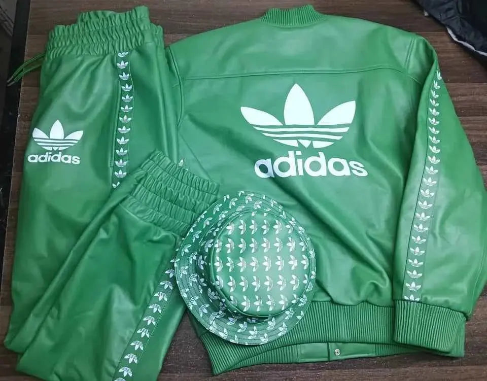 Vintage Green Leather Tracksuit Set Jacket Pants & Bucket Hat
