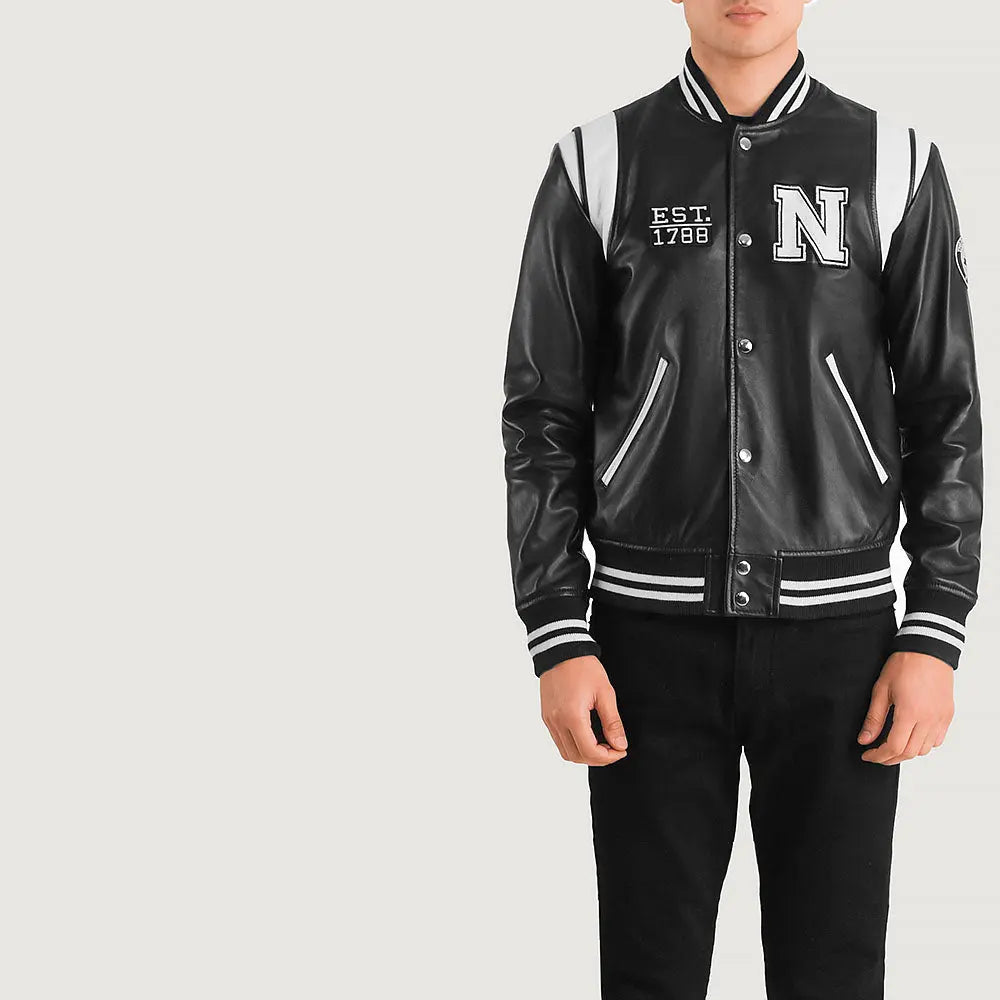 Men black leather varsity jacket stylish urban fashion NY