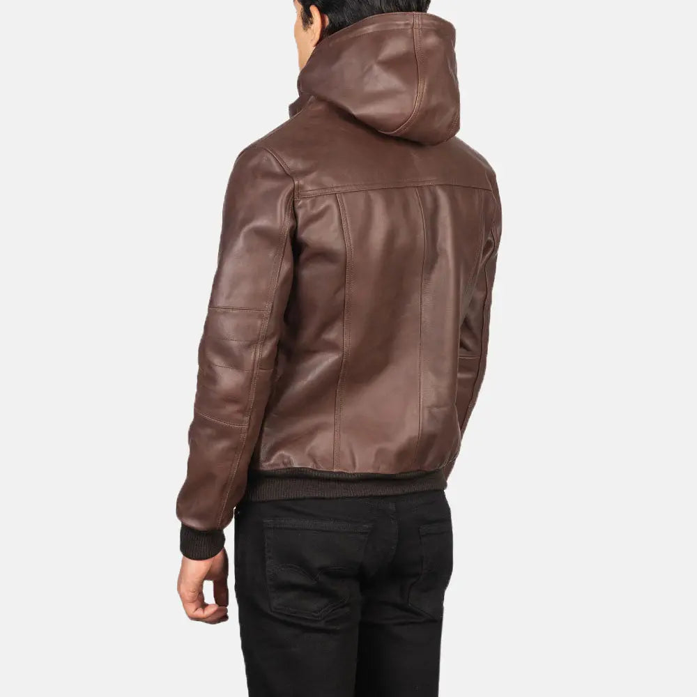 Men brown leather bomber jacket casual streetwear style fit