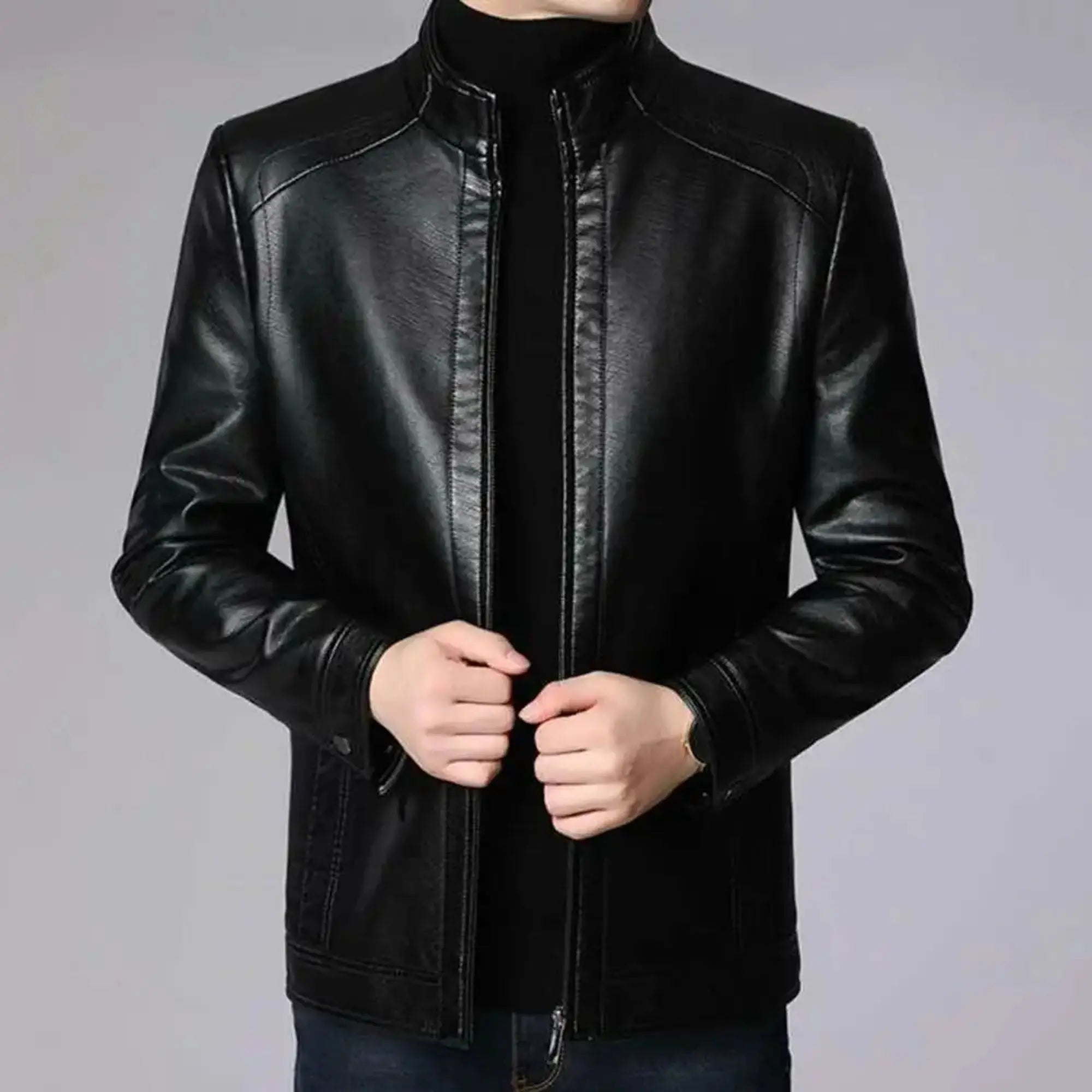Men genuine leather biker jacket side pose riding outfit